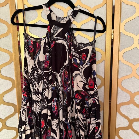 Free People Size M Halter Black Abstract Driftaway Cold Shoulder Tunic Top Dress - Picture 5 of 15